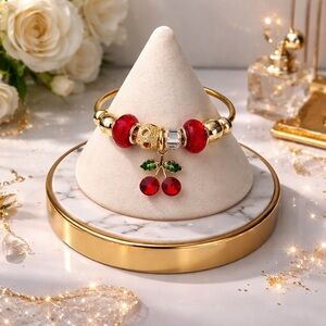 Cherry Charm Gold Bracelet Whimsical Red Crystal Statement Boho Chic Eclectic